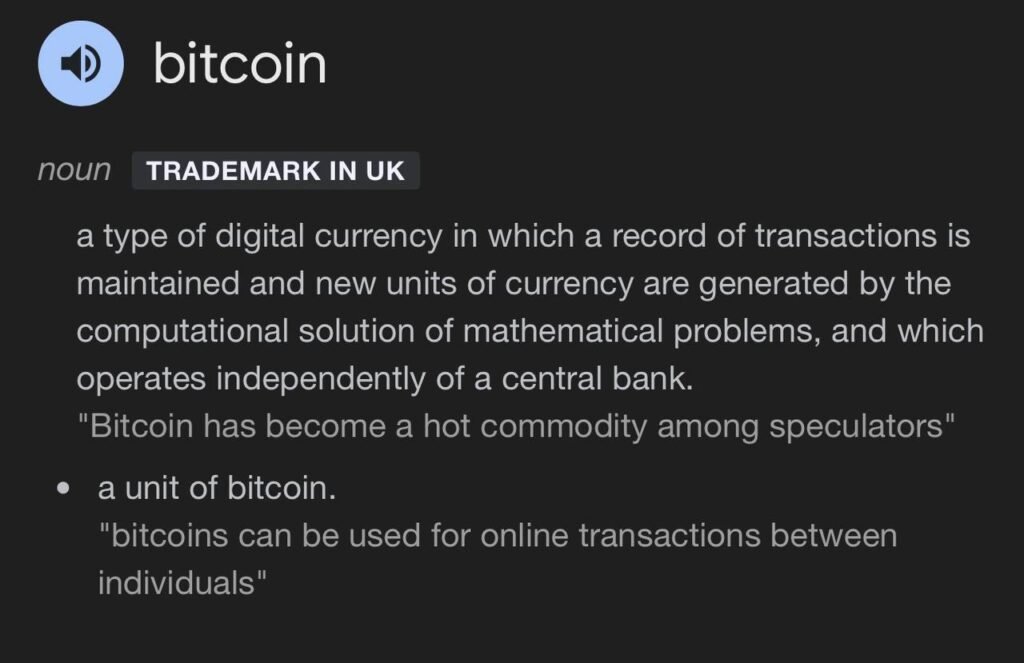 Google definition of the word bitcoin